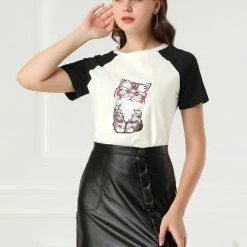 Allegra K Women's Summer Casual Short Sleeve Cartoon Cat Print T-shirt Tee 42 Allegra K Women's Summer Casual Short Sleeve Cartoon Cat Print T-shirt Tee
