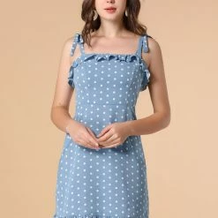 Allegra K Polka Dot Sleeveless Ruffle Tie Mini Dress Women