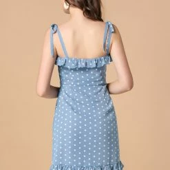 Allegra K Polka Dot Sleeveless Ruffle Tie Mini Dress Women