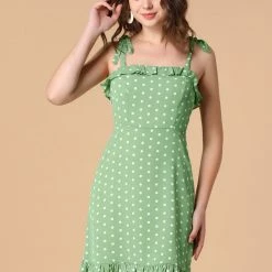 Allegra K Polka Dot Sleeveless Ruffle Tie Mini Dress Women