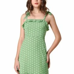 Allegra K Polka Dot Sleeveless Ruffle Tie Mini Dress Women