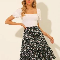 Allegra K Women's Ruffle Hem Flowy Tiered A-Line Floral Midi Skirt