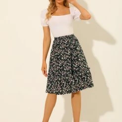Allegra K Women's Ruffle Hem Flowy Tiered A-Line Floral Midi Skirt