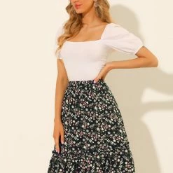 Allegra K Women's Ruffle Hem Flowy Tiered A-Line Floral Midi Skirt