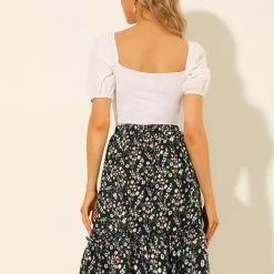 Allegra K Women's Ruffle Hem Flowy Tiered A-Line Floral Midi Skirt