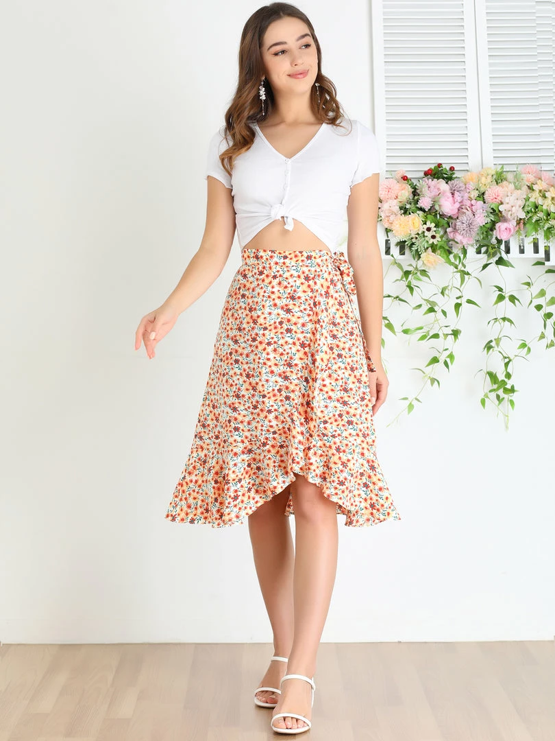 Allegra K Women Ruffle Skirt Tie Waist High Low Floral Wrap Skirt 12 Allegra K Women Ruffle Skirt Tie Waist High Low Floral Wrap Skirt