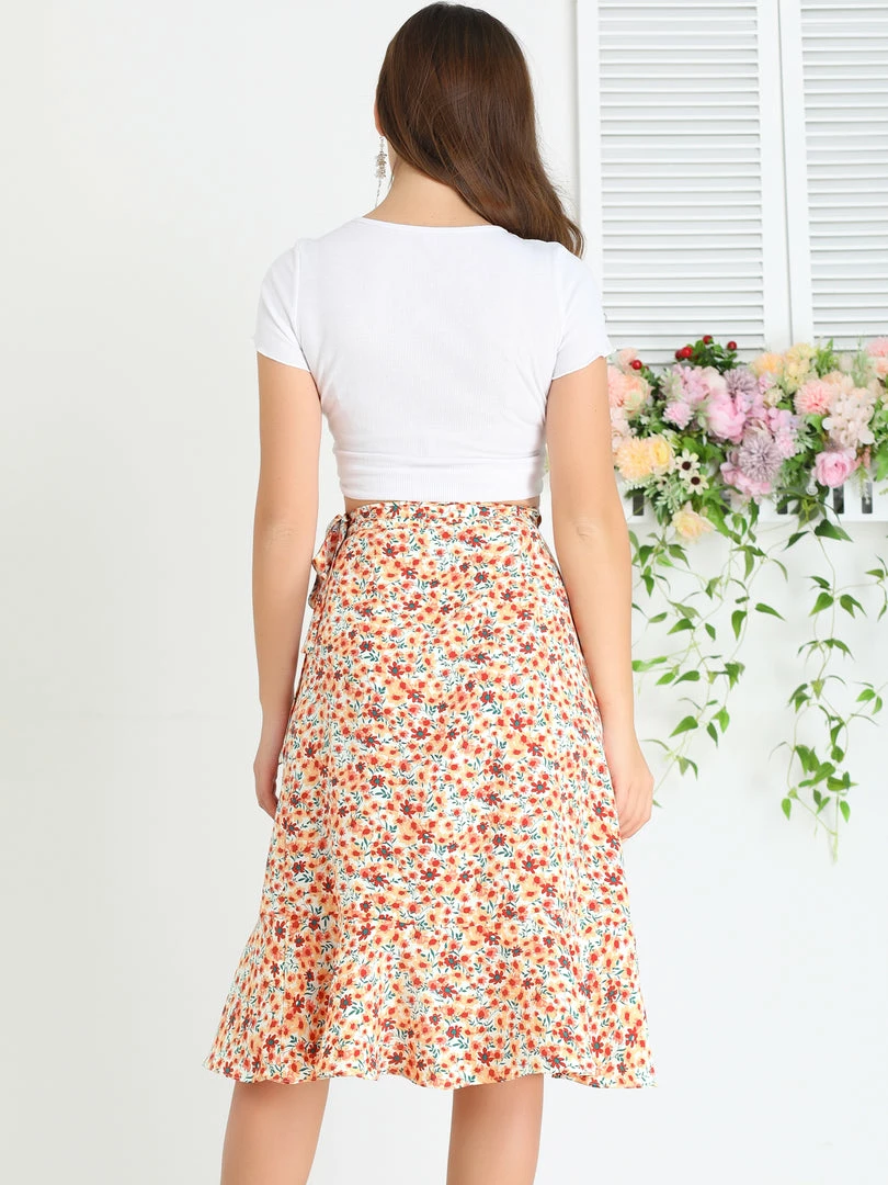 Allegra K Women Ruffle Skirt Tie Waist High Low Floral Wrap Skirt 14 Allegra K Women Ruffle Skirt Tie Waist High Low Floral Wrap Skirt