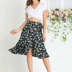 Allegra K Women Ruffle Skirt Tie Waist High Low Floral Wrap Skirt 30 Allegra K Women Ruffle Skirt Tie Waist High Low Floral Wrap Skirt