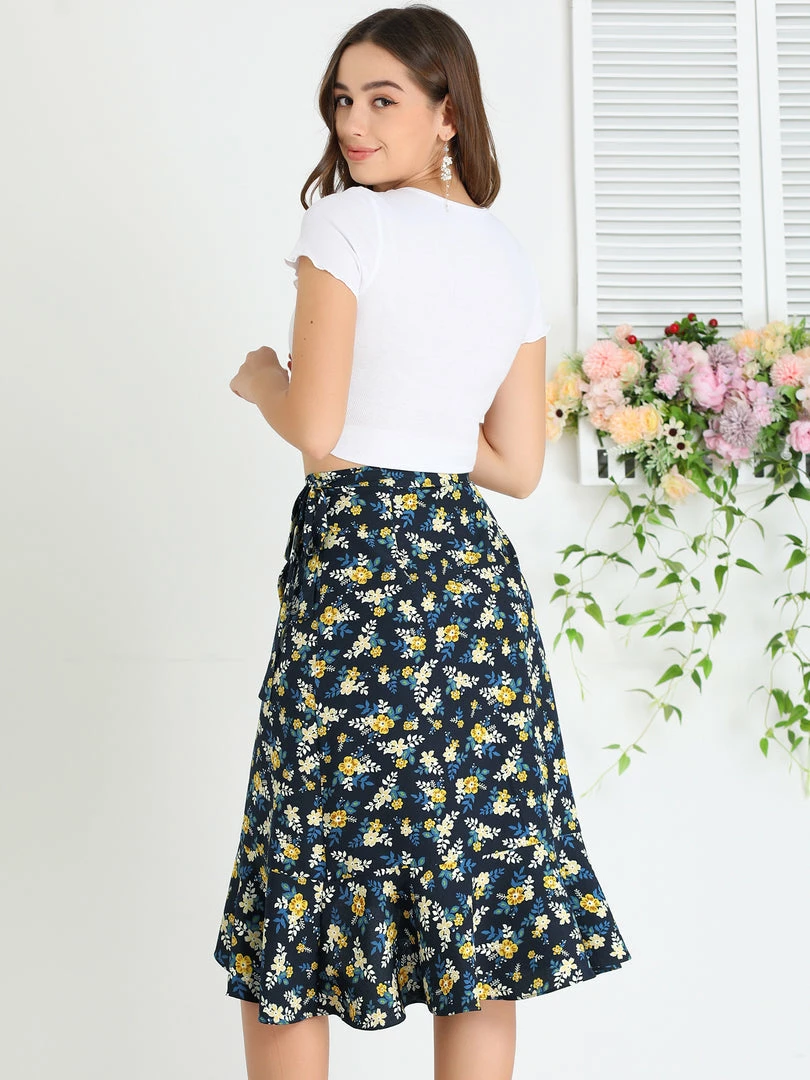 Allegra K Women Ruffle Skirt Tie Waist High Low Floral Wrap Skirt 8 Allegra K Women Ruffle Skirt Tie Waist High Low Floral Wrap Skirt