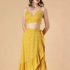 Allegra K Women's 2 Piece Outfit V Neck Spaghetti Strap Sexy Crop Top & Floral Ruffle Wrap Skirt Set