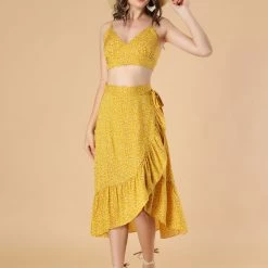 Allegra K Women's 2 Piece Outfit V Neck Spaghetti Strap Sexy Crop Top & Floral Ruffle Wrap Skirt Set