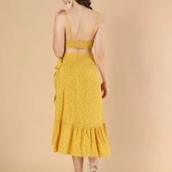 Allegra K Women's 2 Piece Outfit V Neck Spaghetti Strap Sexy Crop Top & Floral Ruffle Wrap Skirt Set