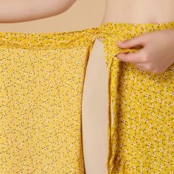 Allegra K Women's 2 Piece Outfit V Neck Spaghetti Strap Sexy Crop Top & Floral Ruffle Wrap Skirt Set