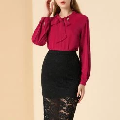 Allegra K Women's Long Sleeve Tops Tie V Neck Contrast Color Piped Work Loose Blouse T Shirts