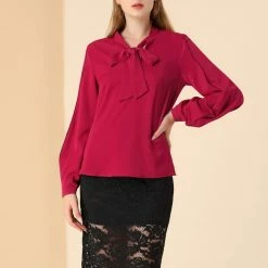 Allegra K Women's Long Sleeve Tops Tie V Neck Contrast Color Piped Work Loose Blouse T Shirts