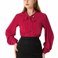 Allegra K Women's Long Sleeve Tops Tie V Neck Contrast Color Piped Work Loose Blouse T Shirts