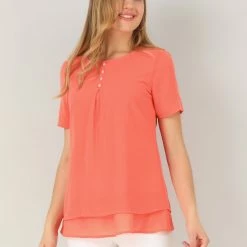 Allegra K Women's Round Neck Button Decor Double Layered Chiffon Solid Blouse Top