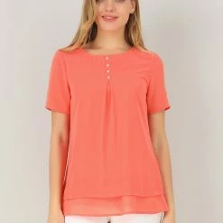 Allegra K Women's Round Neck Button Decor Double Layered Chiffon Solid Blouse Top