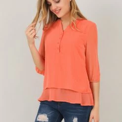 Allegra K Women's Henley Shirt Split Neck 3/4 Sleeve Layer Hem Chiffon Tunic