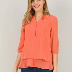 Allegra K Women's Henley Shirt Split Neck 3/4 Sleeve Layer Hem Chiffon Tunic