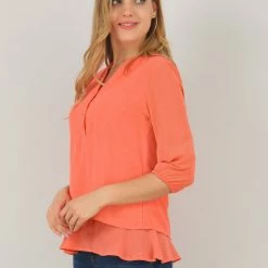 Allegra K Women's Henley Shirt Split Neck 3/4 Sleeve Layer Hem Chiffon Tunic