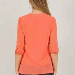 Allegra K Women's Henley Shirt Split Neck 3/4 Sleeve Layer Hem Chiffon Tunic