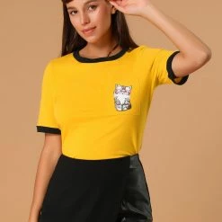 Allegra K Women's Cotton Cat Print Color Block Short Sleeve Top T-Shirt 41 Allegra K Women's Cotton Cat Print Color Block Short Sleeve Top T-Shirt