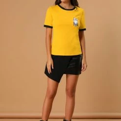 Allegra K Women's Cotton Cat Print Color Block Short Sleeve Top T-Shirt 42 Allegra K Women's Cotton Cat Print Color Block Short Sleeve Top T-Shirt