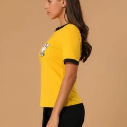 Allegra K Women's Cotton Cat Print Color Block Short Sleeve Top T-Shirt 43 Allegra K Women's Cotton Cat Print Color Block Short Sleeve Top T-Shirt