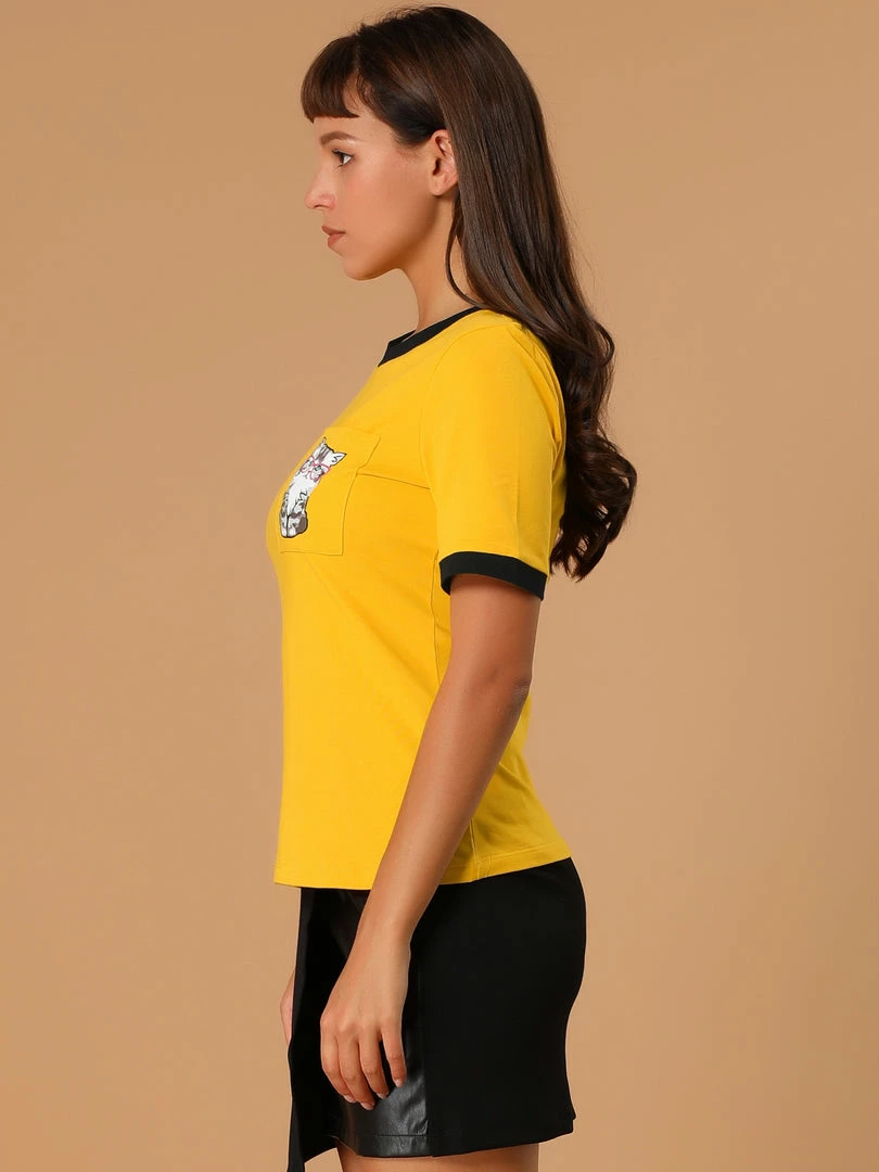 Allegra K Women's Cotton Cat Print Color Block Short Sleeve Top T-Shirt 19 Allegra K Women's Cotton Cat Print Color Block Short Sleeve Top T-Shirt