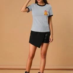 Allegra K Women's Cotton Cat Print Color Block Short Sleeve Top T-Shirt 48 Allegra K Women's Cotton Cat Print Color Block Short Sleeve Top T-Shirt