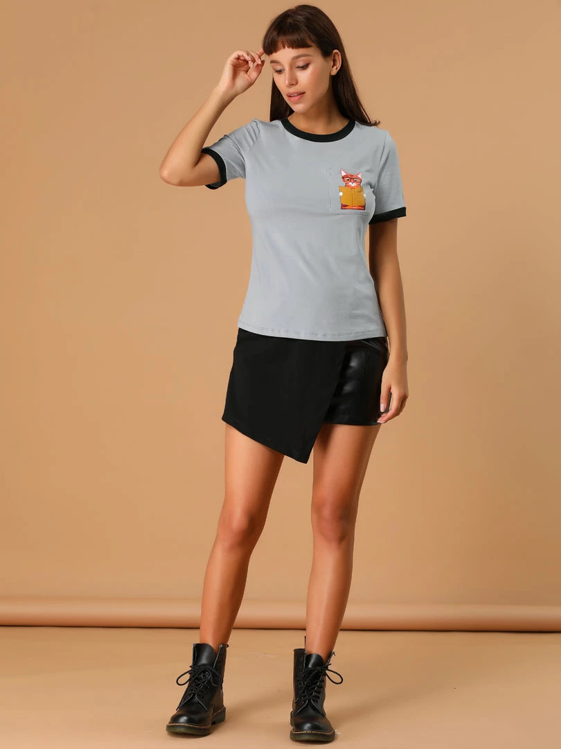 Allegra K Women's Cotton Cat Print Color Block Short Sleeve Top T-Shirt 24 Allegra K Women's Cotton Cat Print Color Block Short Sleeve Top T-Shirt