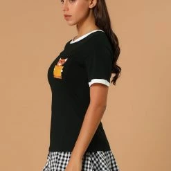 Allegra K Women's Cotton Cat Print Color Block Short Sleeve Top T-Shirt 31 Allegra K Women's Cotton Cat Print Color Block Short Sleeve Top T-Shirt