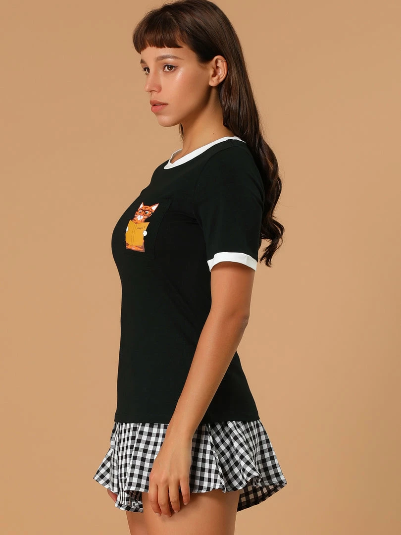 Allegra K Women's Cotton Cat Print Color Block Short Sleeve Top T-Shirt 7 Allegra K Women's Cotton Cat Print Color Block Short Sleeve Top T-Shirt