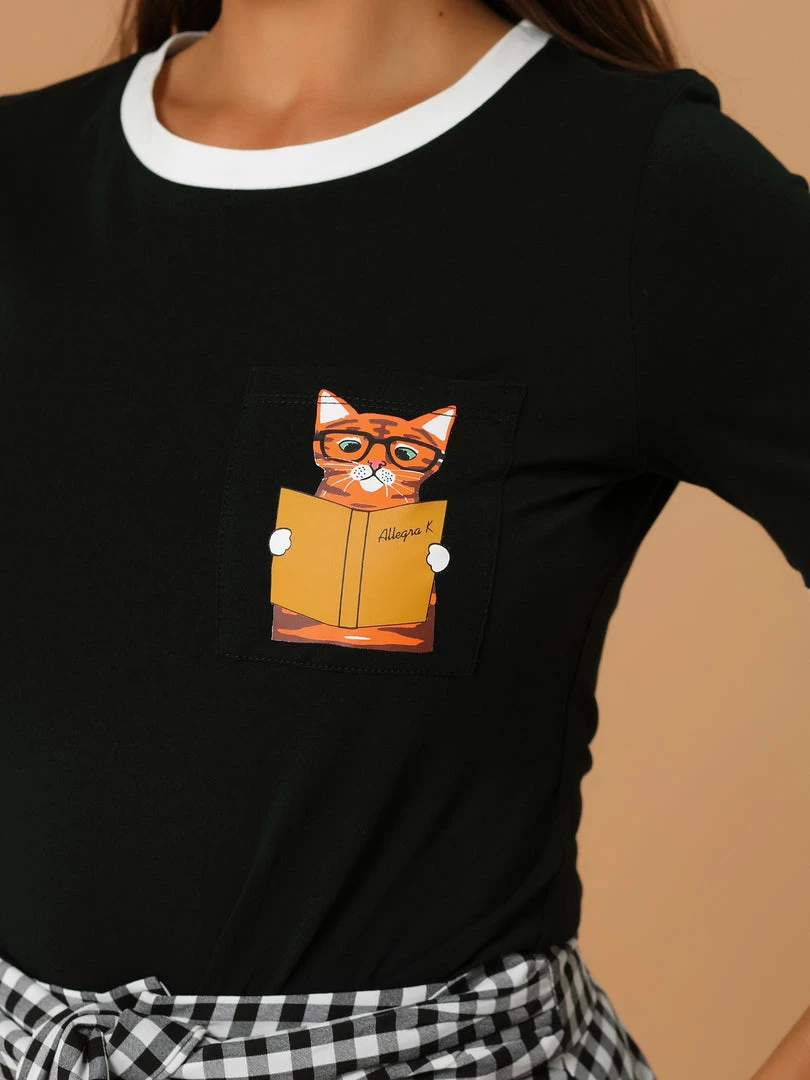 Allegra K Women's Cotton Cat Print Color Block Short Sleeve Top T-Shirt 9 Allegra K Women's Cotton Cat Print Color Block Short Sleeve Top T-Shirt
