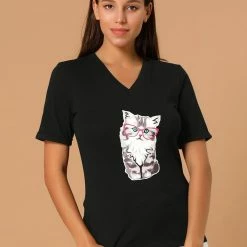 Allegra K Women's V Neck Cotton Cat Print Short Sleeve T-Shirt