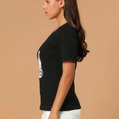 Allegra K Women's V Neck Cotton Cat Print Short Sleeve T-Shirt