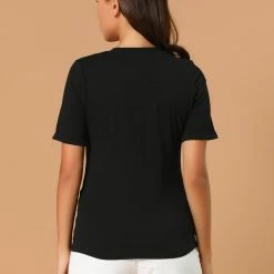 Allegra K Women's V Neck Cotton Cat Print Short Sleeve T-Shirt