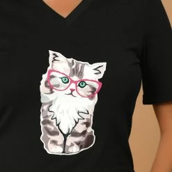 Allegra K Women's V Neck Cotton Cat Print Short Sleeve T-Shirt