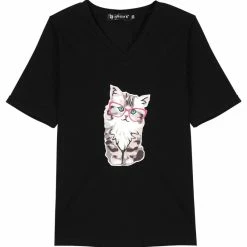 Allegra K Women's V Neck Cotton Cat Print Short Sleeve T-Shirt