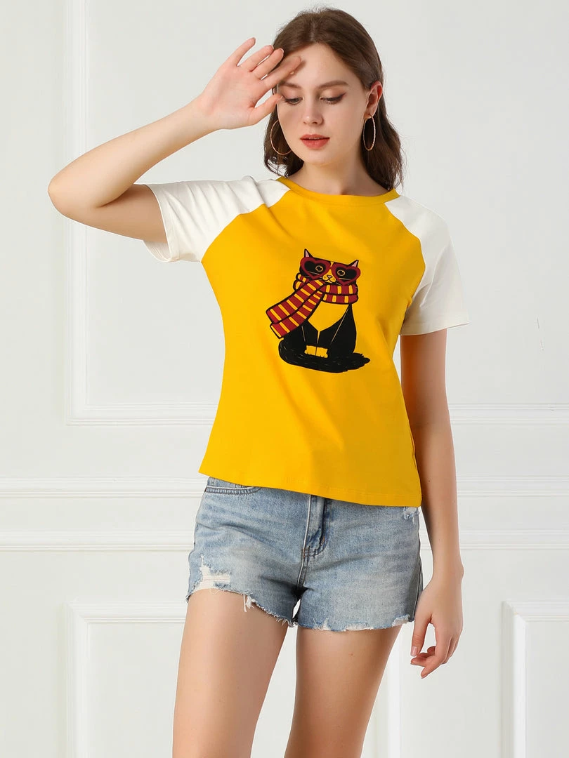Allegra K Women's Summer Casual Short Sleeve Cartoon Cat Print T-shirt Tee 11 Allegra K Women's Summer Casual Short Sleeve Cartoon Cat Print T-shirt Tee