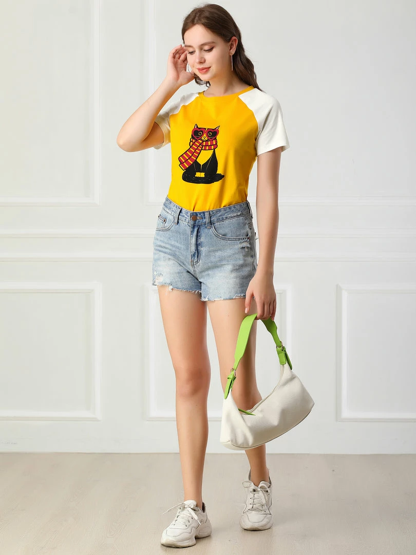 Allegra K Women's Summer Casual Short Sleeve Cartoon Cat Print T-shirt Tee 12 Allegra K Women's Summer Casual Short Sleeve Cartoon Cat Print T-shirt Tee