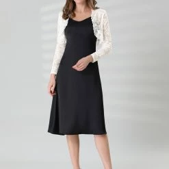 Allegra K Women's Crop Cardigan Scalloped Hem Floral Lace Sheer Shrug Top