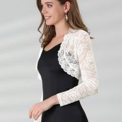 Allegra K Women's Crop Cardigan Scalloped Hem Floral Lace Sheer Shrug Top