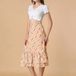 Allegra K Women's Printed Elastic Waist Tiered Ruffle Hem Flowy Midi Skirt