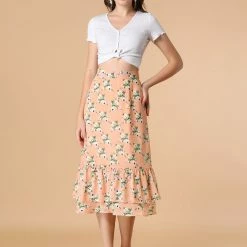 Allegra K Women's Printed Elastic Waist Tiered Ruffle Hem Flowy Midi Skirt