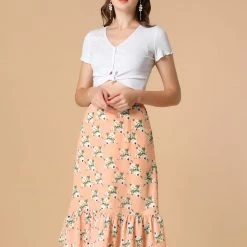 Allegra K Women's Printed Elastic Waist Tiered Ruffle Hem Flowy Midi Skirt