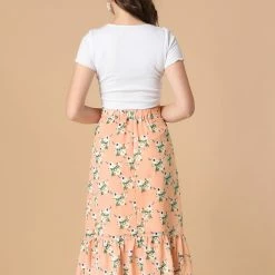 Allegra K Women's Printed Elastic Waist Tiered Ruffle Hem Flowy Midi Skirt