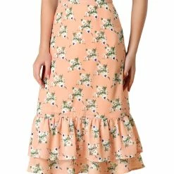 Allegra K Women's Printed Elastic Waist Tiered Ruffle Hem Flowy Midi Skirt