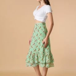 Allegra K Women's Printed Elastic Waist Tiered Ruffle Hem Flowy Midi Skirt